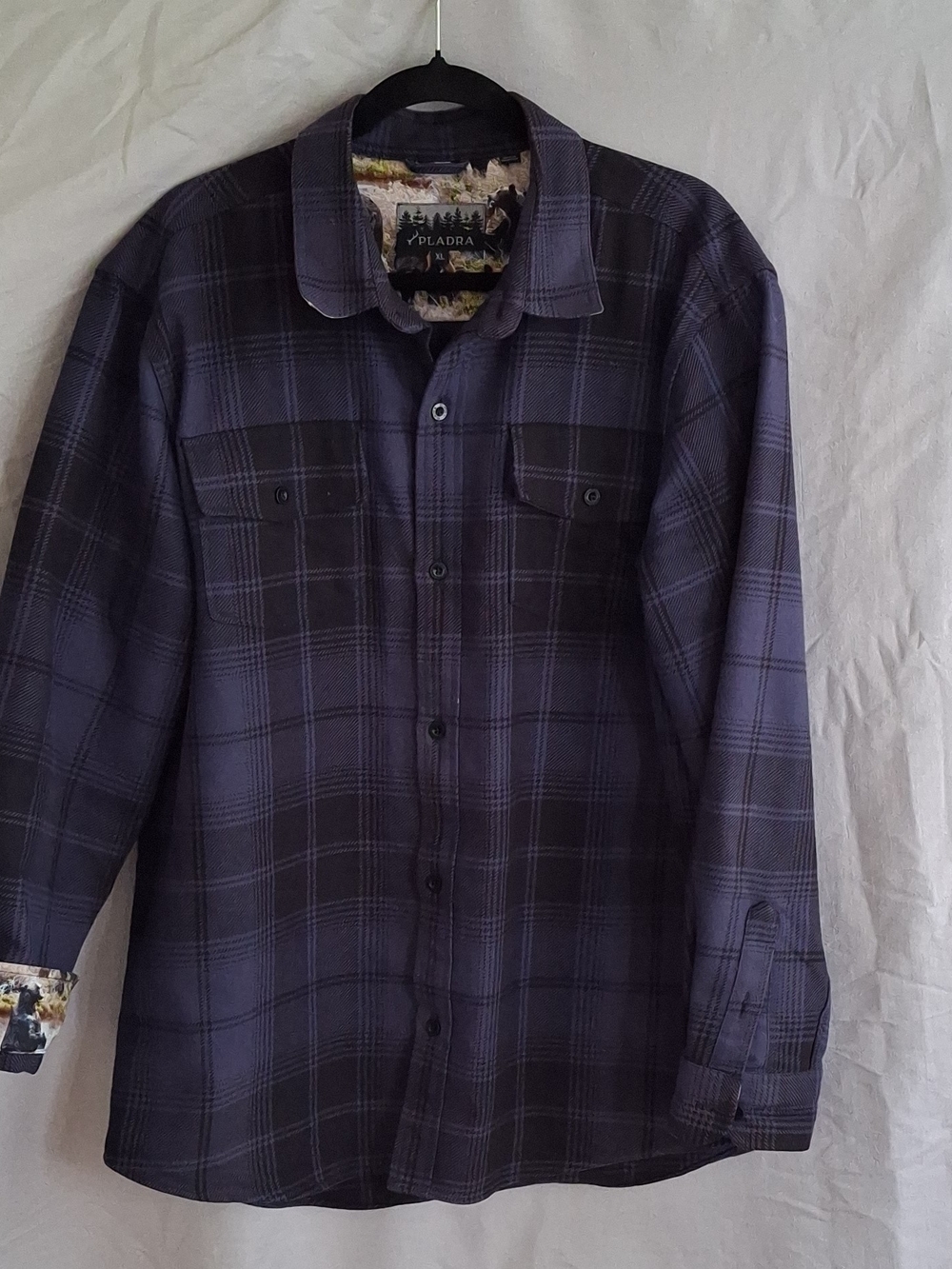 Pladra Men's Premium Flannel Shirt XL - Blue/Black Plaid Grizzly Bear Lining